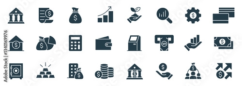 Finance and Banking filled Icon set Vector. Illustrations of Banking and Investment Icons