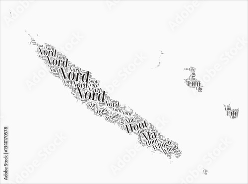 New Caledonia Text Style Regions. Country region names word clouds in the French language. Artistic vector illustration.
