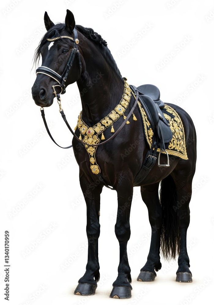 Obraz premium Majestic black horse in ornate gold costume against white background