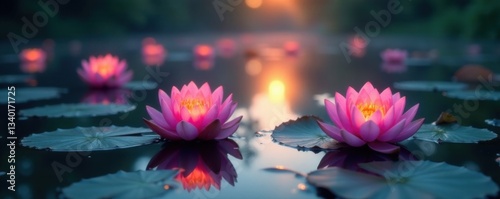 Softly glowing water lily pads on a serene lake at dawn, gentle, dawn