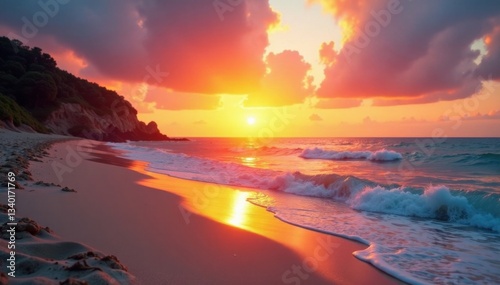 Softly glowing sunset illuminates a serene sandy shoreline, sandy beach, calming, ocean