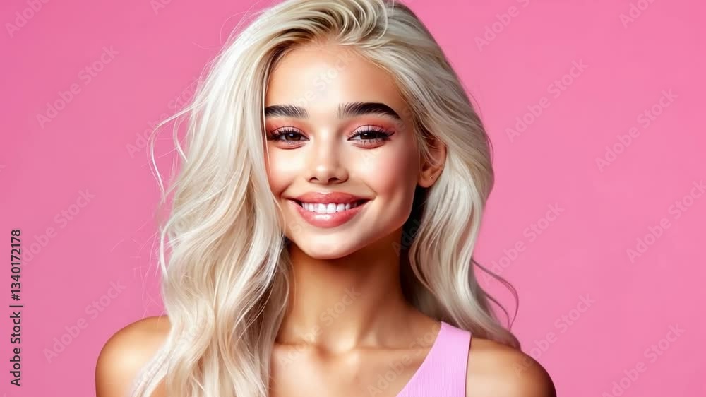 Fresh and Glowing Portrait of a Beautiful Woman with Long Blonde Hair Against a Pink Background Fresh and Glowing Portrait of a Beautiful Woman with Long Blonde Hair Against a Pink Background