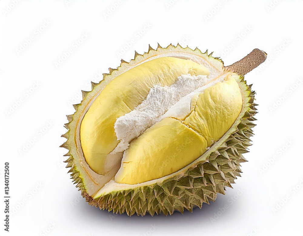 Fototapeta premium Ripe Durian fruit cut in half isolated on white background. Clipping path.