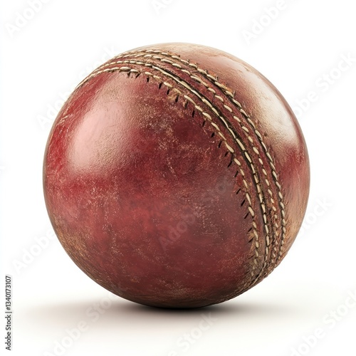 Close-up of a cricket ball, with detailed stitching, isolated on a white background.