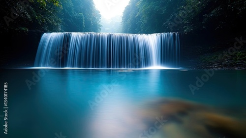 Rainbow waterfall landscapes gentle concept. Serene waterfall cascading into a tranquil blue pool surrounded by lush greenery.