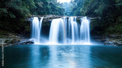 Rainbow waterfall landscapes gentle concept. Serene waterfall cascading into a tranquil pool surrounded by lush greenery.