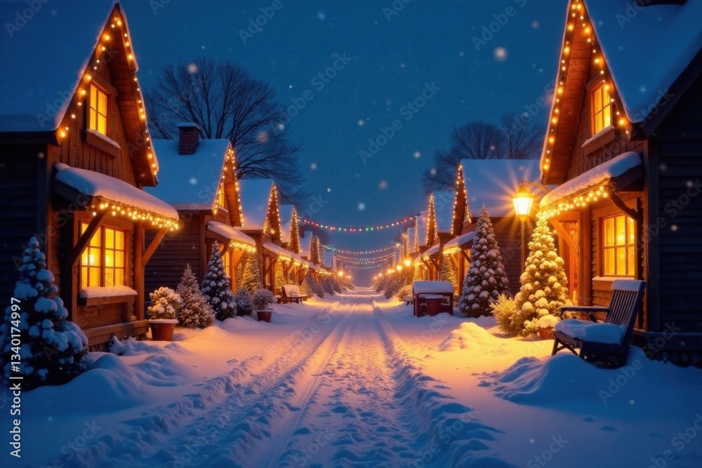 Fototapeta premium Snowy village street at night with festive lights and Christmas decorations , christmas season, snow-covered buildings