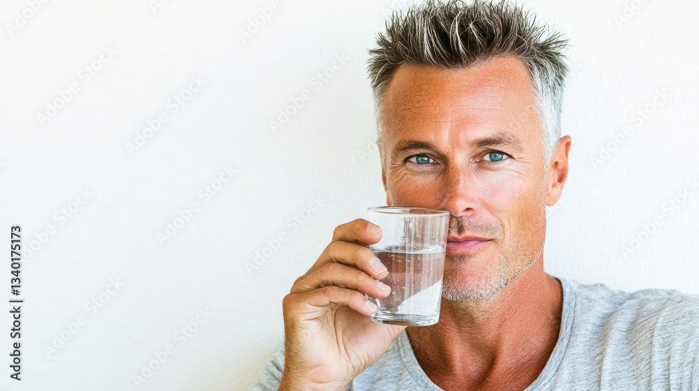 Middle-aged man with graying hair and beard holding a glass of water Middle-aged man with graying hair and beard holding a glass of water