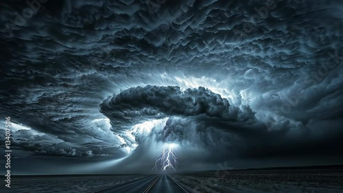 Dramatic lightning strikes illuminate the dark storm clouds over a remote highway at night