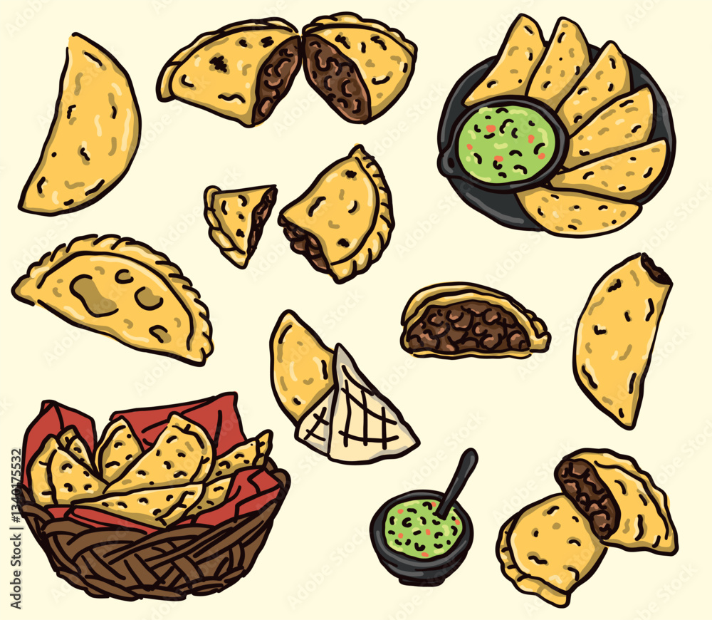 Set of empanada illustrations, doodle style