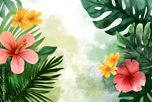 Tropical Watercolor Floral Background  Hibiscus  Palm Leaves  Monstera