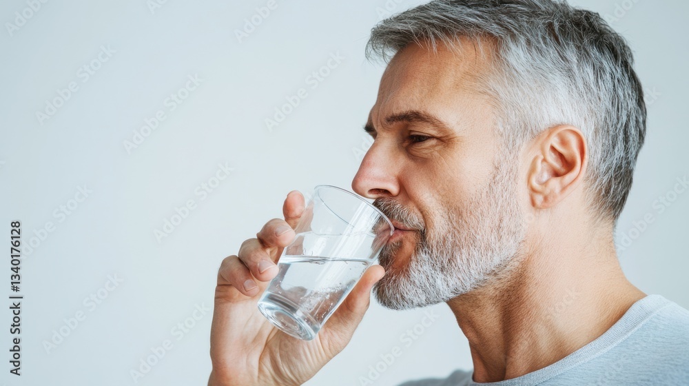 Man drinking water from a clear glass with his right hand Man drinking water from a clear glass with his right hand