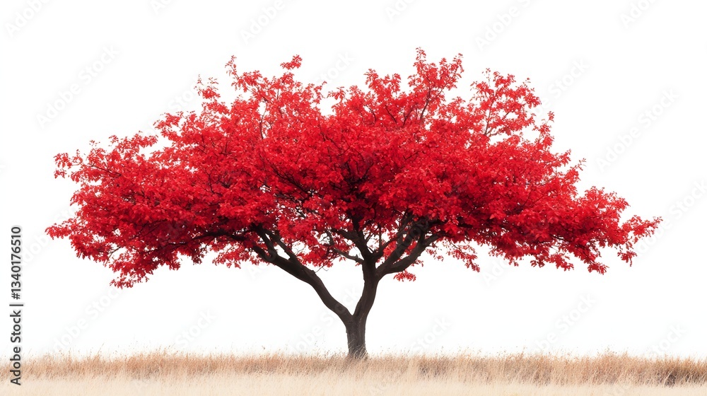 Fototapeta premium Single tree with brilliant red leaves against a white backdrop