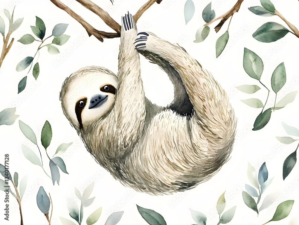 Fototapeta premium Adorable Sloth Hanging on Branch Watercolor Illustration