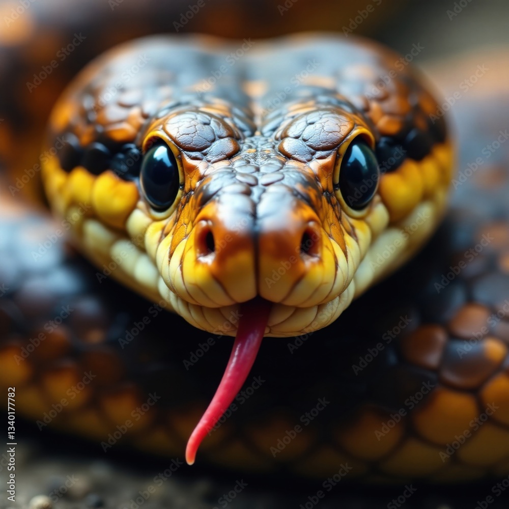 Fototapeta premium Snake's close-up face with piercing eyes and forked tongue, animal, viper snake