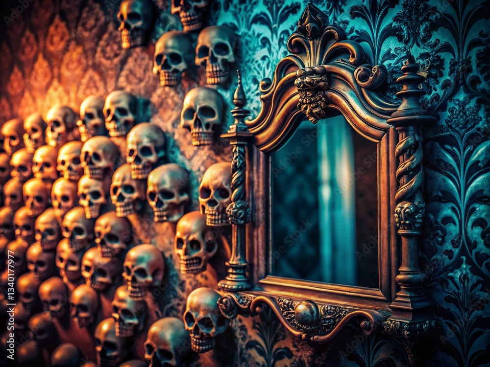 Fototapeta premium Gothic Skull Mirror Reflection - Dark Fantasy Interior Stock Photo