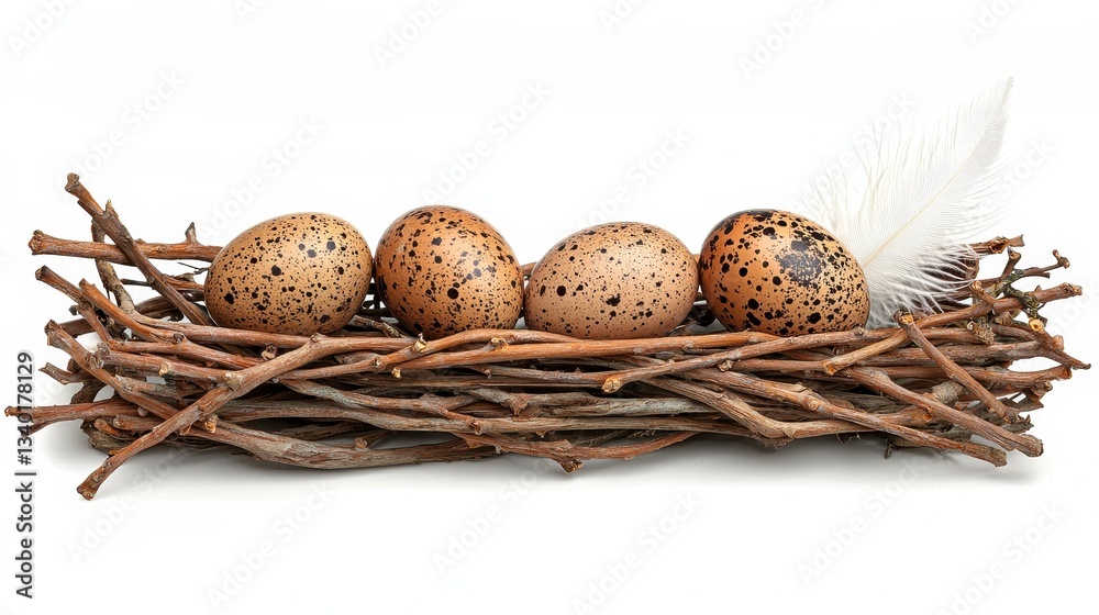 Fototapeta premium Speckled Brown Bird Eggs in Rustic Twig Nest with Feather