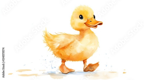 Watercolor illustration portrays an adorable yellow duckling walking forward