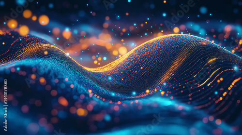 Dynamic wave particles, symbolizing data flow and technological aesthetics, suitable for digital art and technical background designs.