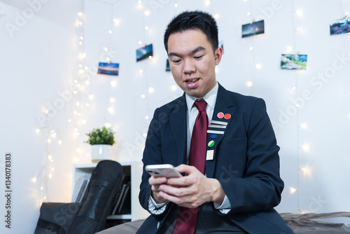 A boarding school student relaxing in his bedroom