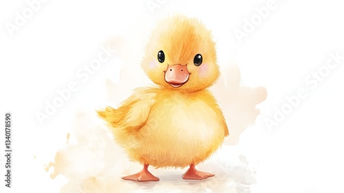 Watercolor illustration shows a very adorable yellow duckling standing