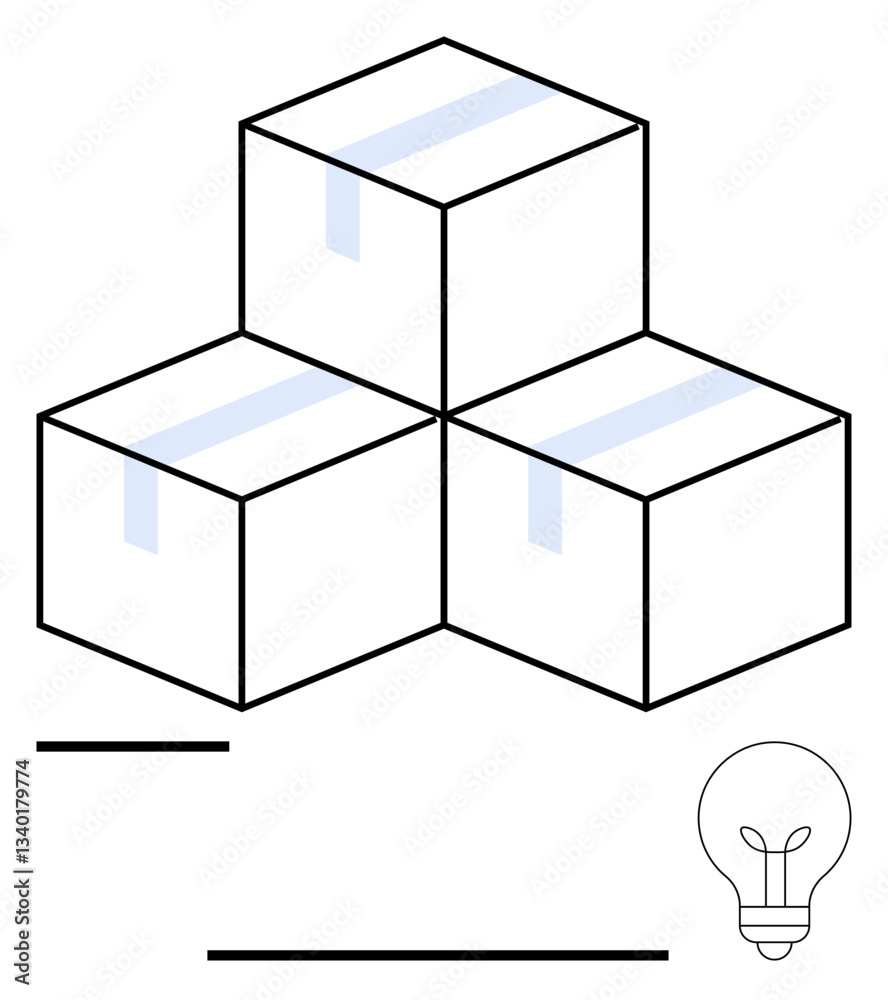Three stacked boxes taped for shipping beside a lightbulb icon, symbolizing storage, logistics, innovation, and creativity. Ideal for business, organization, delivery, solutions packaging strategy Three stacked boxes taped for shipping beside a lightbulb icon, symbolizing storage, logistics, innovation, and creativity. Ideal for business, organization, delivery, solutions packaging strategy