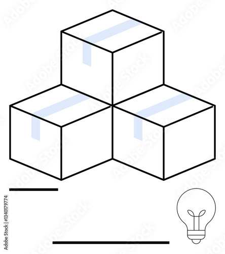 Three stacked boxes taped for shipping beside a lightbulb icon, symbolizing storage, logistics, innovation, and creativity. Ideal for business, organization, delivery, solutions packaging strategy
