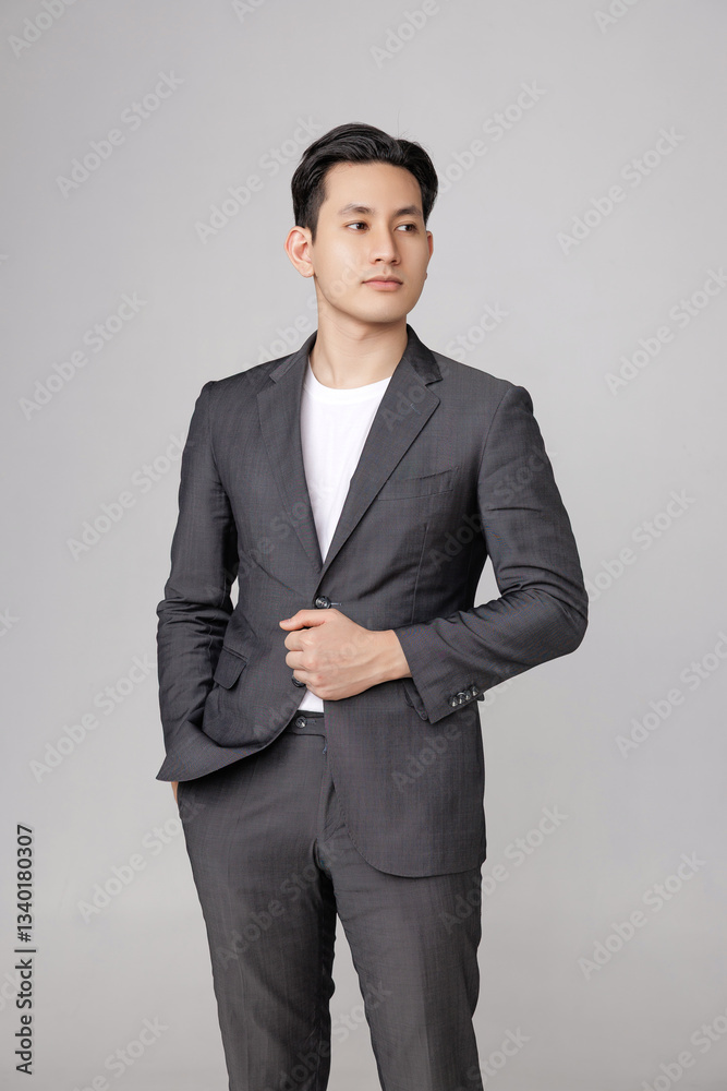 Asian handsome business man in casual gray suit is standing with his arms crossed on isolated studio lighting. Young office worker men. Asian handsome business man in casual gray suit is standing with his arms crossed on isolated studio lighting. Young office worker men.