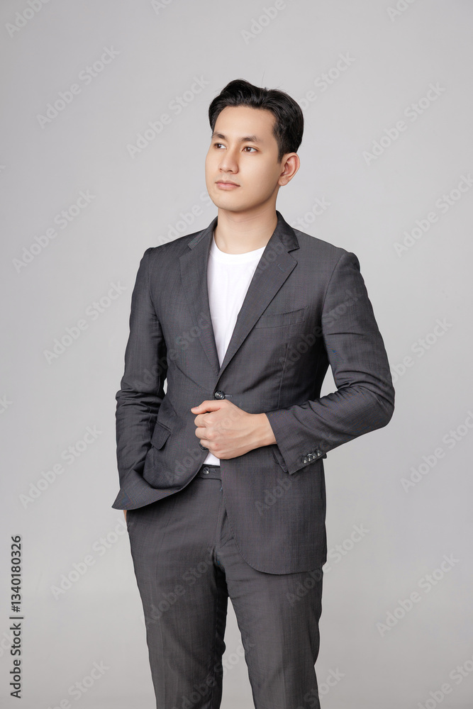 Asian handsome business man in casual gray suit is standing with his arms crossed on isolated studio lighting. Young office worker men. Asian handsome business man in casual gray suit is standing with his arms crossed on isolated studio lighting. Young office worker men.