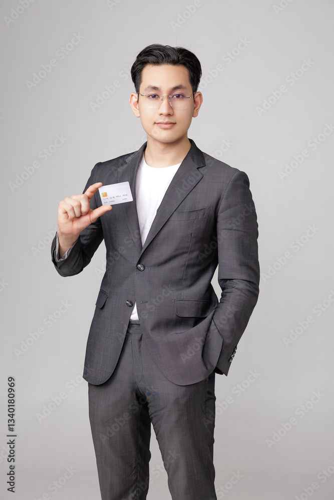 Asian handsome businessman in casual gray suit wearing glasses is standing with credit card on isolated studio lighting. Young customer men. Asian handsome businessman in casual gray suit wearing glasses is standing with credit card on isolated studio lighting. Young customer men.