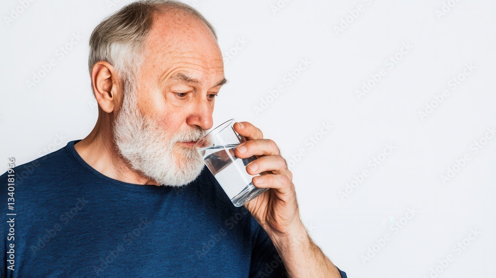 Older man with white beard and mustache drinking from a clear glass Older man with white beard and mustache drinking from a clear glass