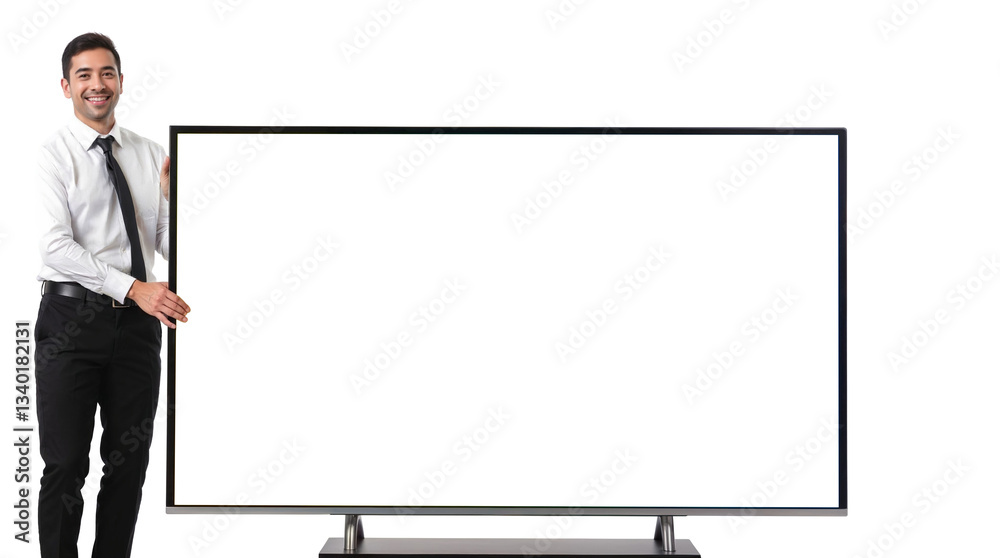 Professional Businessman Presenting Large Modern TV Display With White Screen Mockup Technology Business Presentation Professional Businessman Presenting Large Modern TV Display With White Screen Mockup Technology Business Presentation