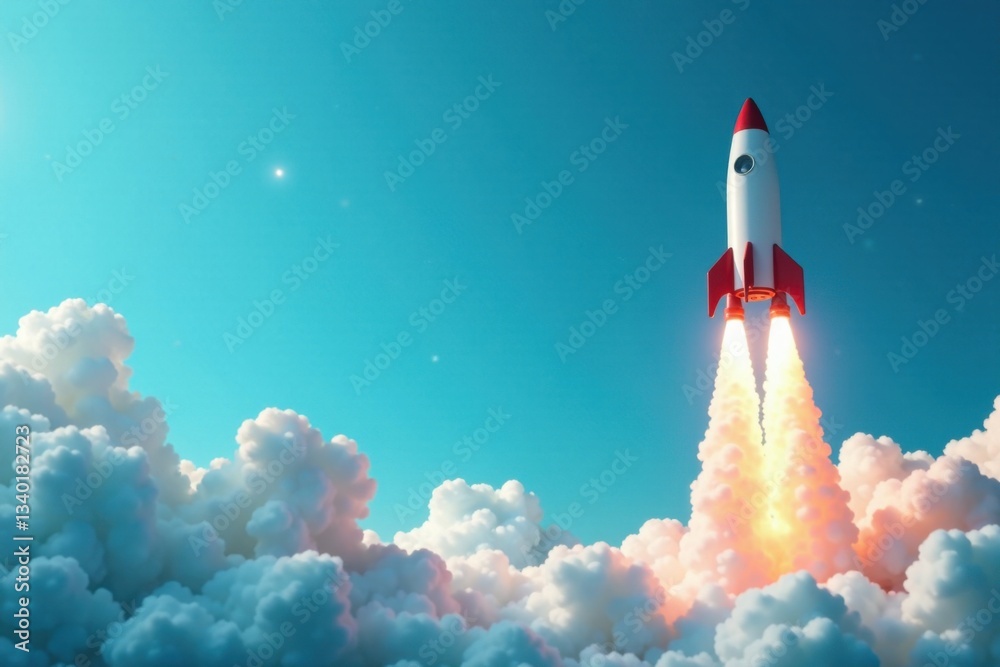 Rocket blasting off into the sky with a chart on blue background , explosive success, business
