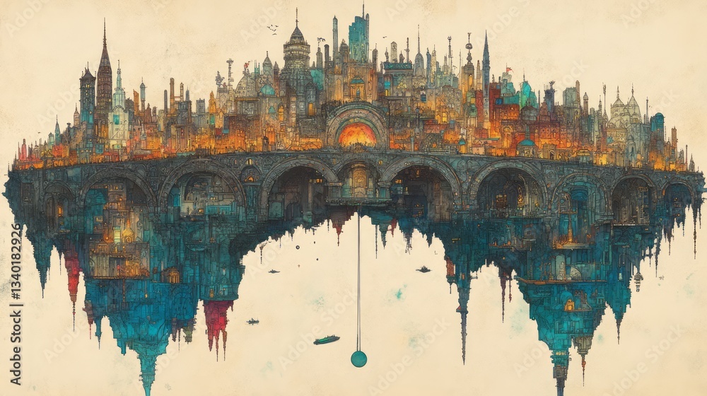 Obraz premium Ornate fantasy city spans above and below a central bridge