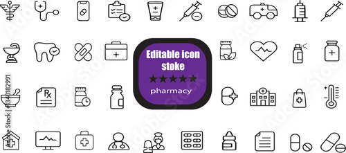 outline icons related to pharmacy, drug store. Linear icon collection. Editable stroke