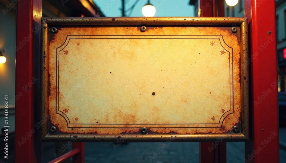 Retro-style ticket booth sign with a golden frame and faded colors, old sign, faded colors