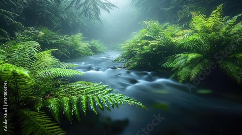 River rapids landscapes twilight concept. A serene forest stream surrounded by vibrant green ferns and misty atmosphere.