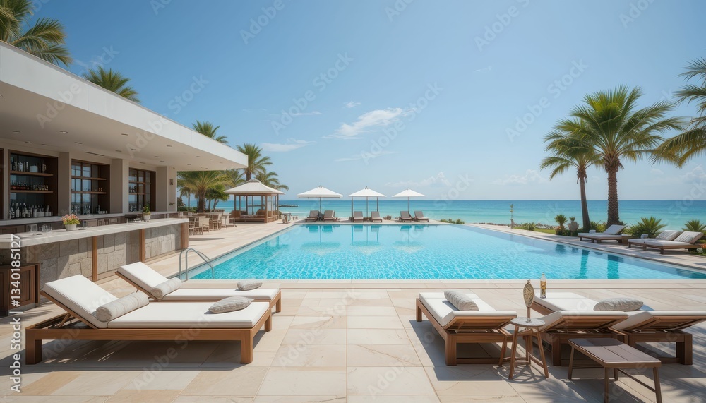Luxurious Beachfront Pool Area with Tropical Palm Trees and Sun Loungers Luxurious Beachfront Pool Area with Tropical Palm Trees and Sun Loungers