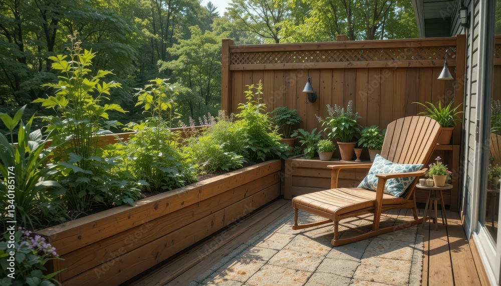 Cozy Garden Patio with Wooden Chair Surrounded by Lush Greenery Cozy Garden Patio with Wooden Chair Surrounded by Lush Greenery