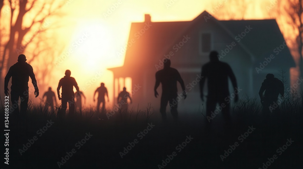 Fototapeta premium Group of survivors barricading a house as zombies swarm outside, tense atmosphere, cinematic lighting