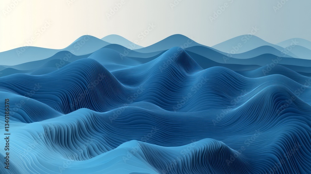 Fototapeta premium Abstract blue undulating landscape with layered textured waves