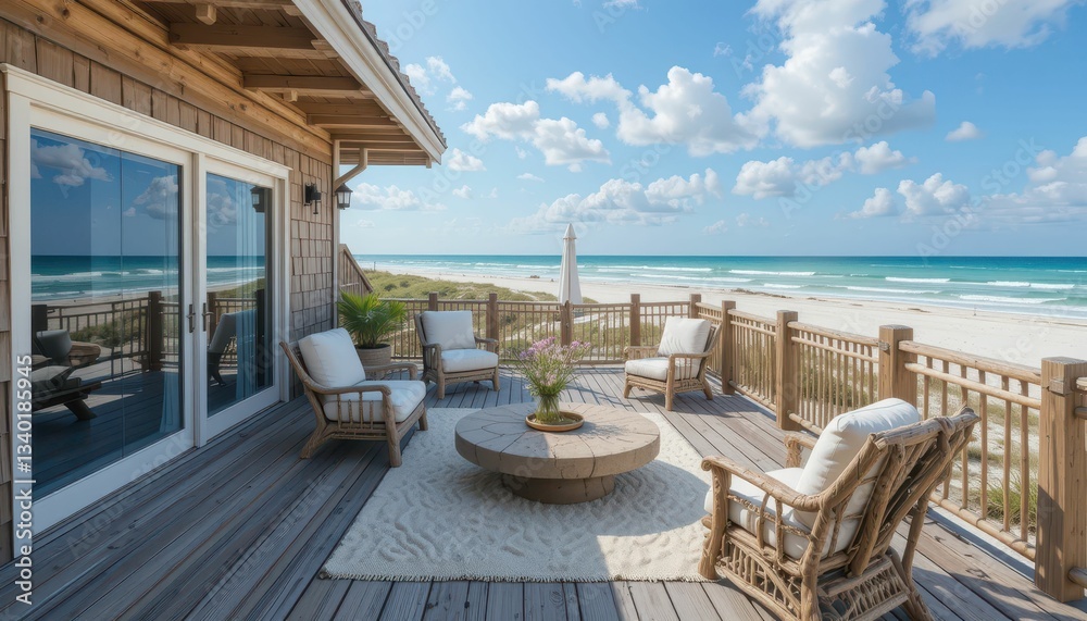 Obraz premium Cozy Beachfront Deck with Scenic Ocean View and Relaxing Chairs