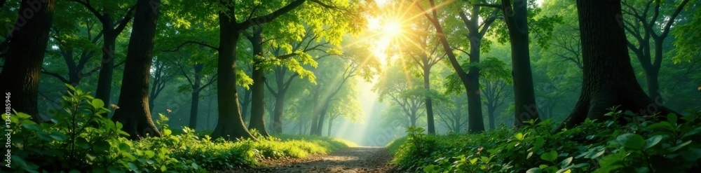 Panoramic view of a forest with sunlight peeking through the canopy above, sunlit forest, outdoor scenery Panoramic view of a forest with sunlight peeking through the canopy above, sunlit forest, outdoor scenery