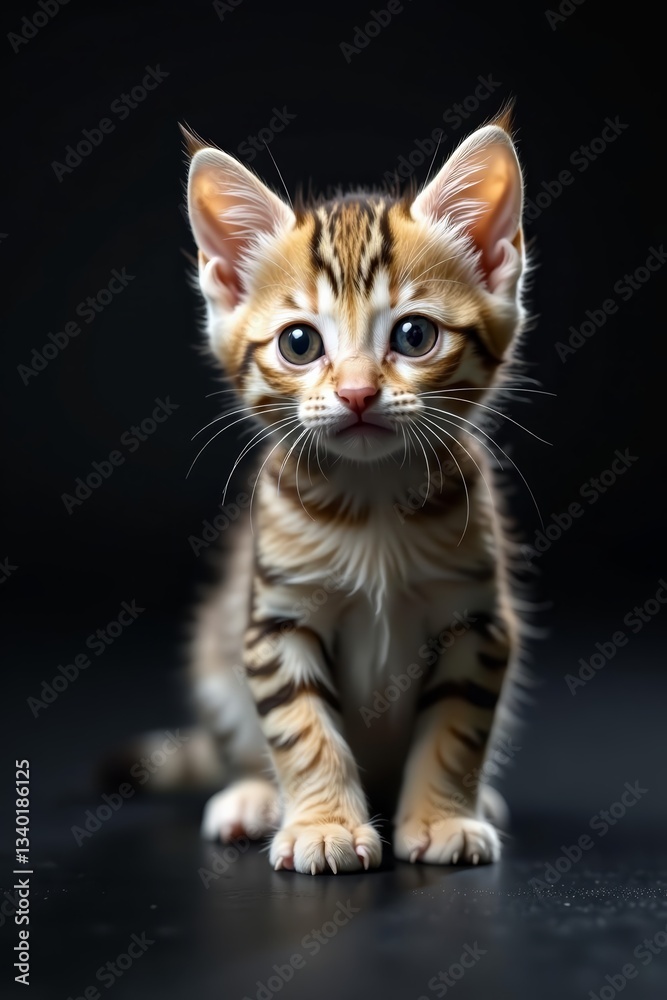 Adorable tiny kitten with big eyes playing on a dark backdrop, fluffy, feline, animal Adorable tiny kitten with big eyes playing on a dark backdrop, fluffy, feline, animal
