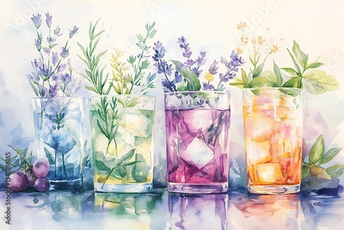 Elegant watercolor collection of botanical cocktails featuring fresh herbs crystalline ice and gradient color transitions in delicate glass vessels
