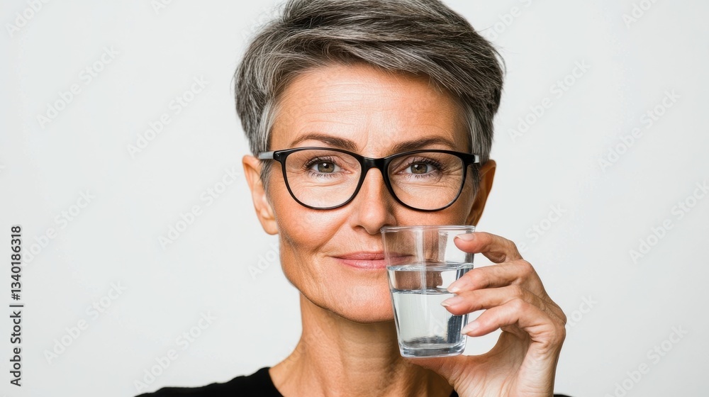 Woman with short gray hair and black-framed glasses drinking water from a clear glass Woman with short gray hair and black-framed glasses drinking water from a clear glass