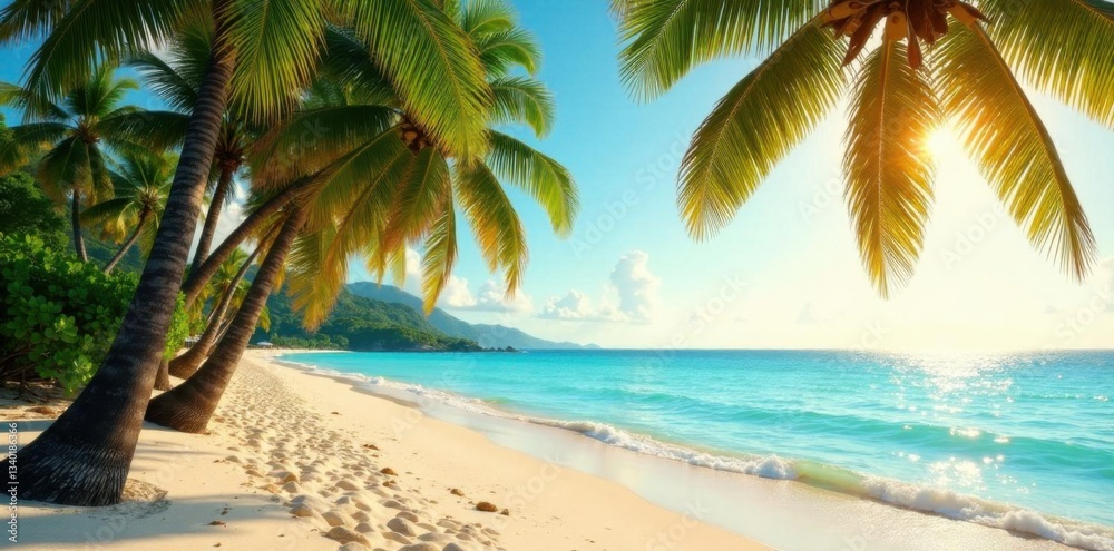 Fototapeta premium Palm trees sway gently on sandy beach, with warm sunlight filtering through leafy greens , beach, ocean, sunset