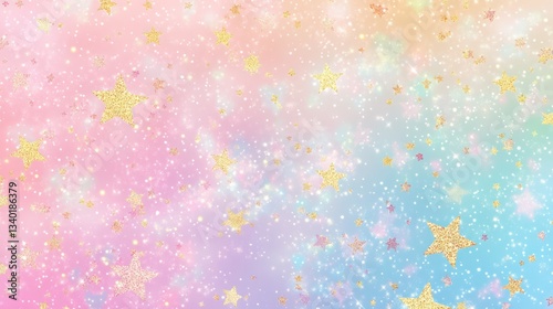 Wallpaper Mural Glittering gradient holographic background with a dreamy effect, featuring sparkling gold stars, magical lights, and colorful soft glows. A whimsical, festive design. Torontodigital.ca
