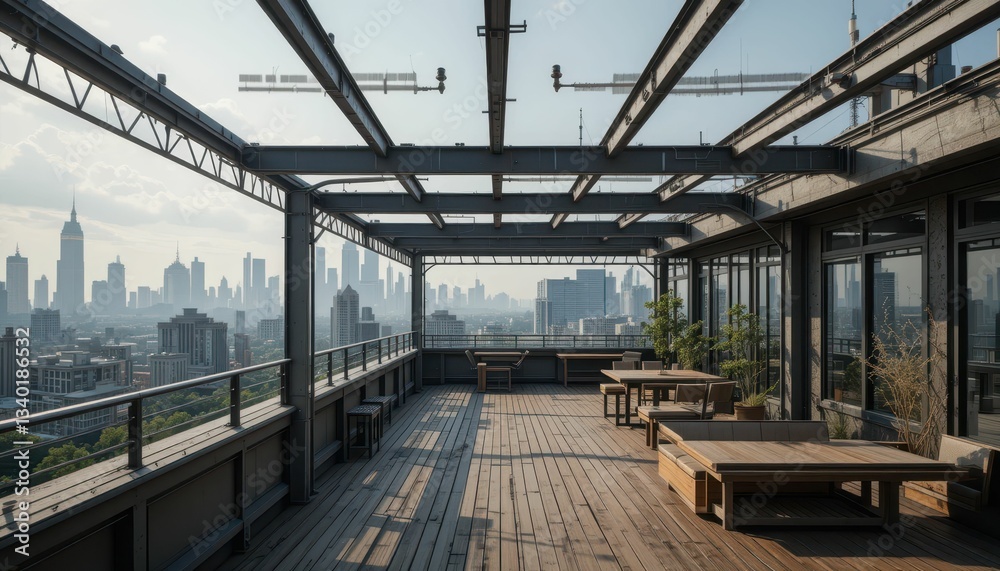 Urban Rooftop Terrace with Skyline View and Modern Architecture Urban Rooftop Terrace with Skyline View and Modern Architecture