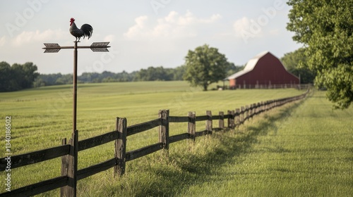 a rural scene of a red barn with a fence and weather vane.